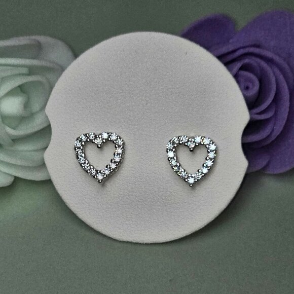 Sterling‎ Silver Heart Stud Earrings With Sparkling Cubic Zirconia Stones - Picture 1 of 5